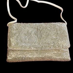 Vintage Silver Beaded Ivory Satin Evening Bag with Woven Cotton Shoulder Strap